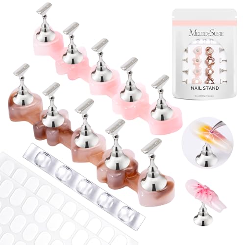 Image of MelodySusie Nail Stand for Press Ons, Flower and Heart Shape Magnetic Base for Painting Display with Brush Holder and 100 Pcs Reusable Double-Sided Tape for Home DIY Salon Supplies, Pink and Coffee
