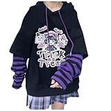 Womens Japanese Style Hoodie Cute Pattern Print Sweatshirt Girl Fake Two-Piece Sweater Fashion Kawaii Anime Pullover