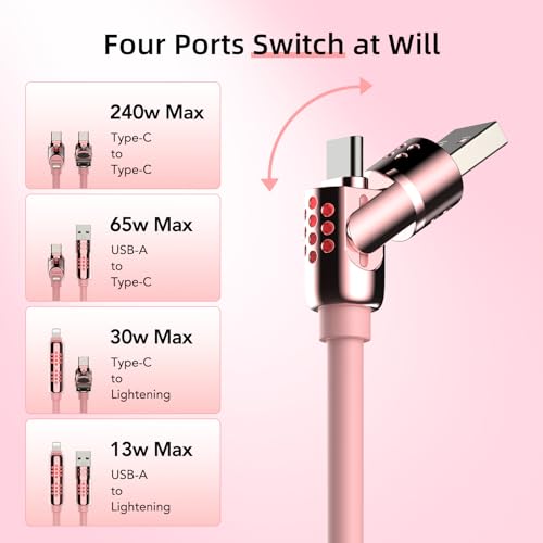 Image of MFish 4-in-1 Fast Charging Cable, 6.6FT 240W PD 3.1 USB-A /USB-C to USB-C & Lightning, Silicone Multi Charging Cable with Case, CarPlay Compatible, for iPhone 17 /16 Series, MacBook, iPad, Pink