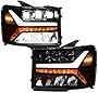 TLAPS 7422440051092 For 2007-2013 GMC Sierra 1500/2007-2014 2500 3500 Black Housing Full LED Sequential Tri Projector Headlights with Amber Reflector nb