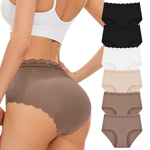 Cevapro Seamless Slips Damen Unterhosen Damen Spitze Sexy Nahtlos Hohe Taille Unterwäsche Frauen Wellenschnitt Atmungsaktiv Bequem Anti-Rutsch Mehrpack 6ex Pack