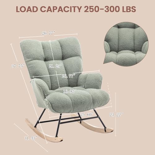 Image of Rocking Chair Nursery Teddy Upholstered Glider Rocker Rocking Accent Chair Padded Seat with High Backrest Armchair Comfy Side Chair for Living Room Bedroom Offices (Green Teddy)