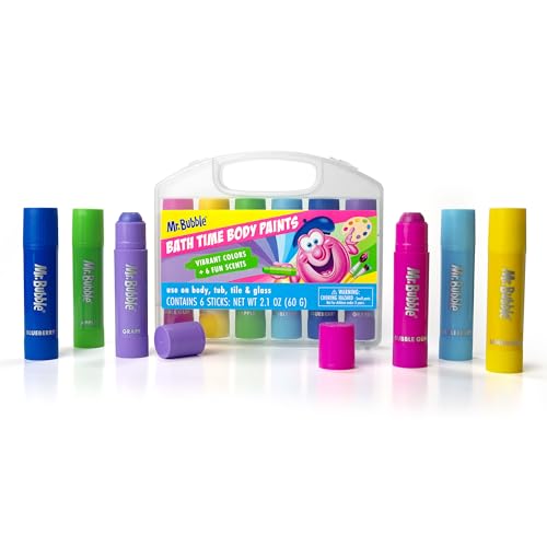 Mr. Bubble Bath Time Body Paints 6-Color Washable Bath Paint Sticks with Gentle Kid-Safe Formula Fun Tub Time Art Set with Scented Colors & Carrying Case
