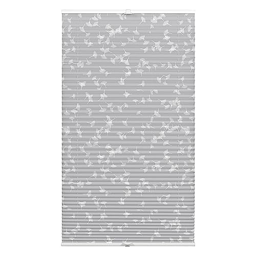GARDINIA Plissee zum Klemmen, Blickdichtes Faltrollo, Alle Montage-Teile inklusive, Plissee verspannt mit Zwei Bedienschienen, Japandi Ginkgo Oesyter Mushroom, Grau/Weiß, 40 x 130 cm