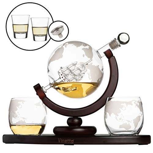 Vinetto Whiskey Globe Decanter Set with 2 Etched Globe Whisky Glasses & Shots