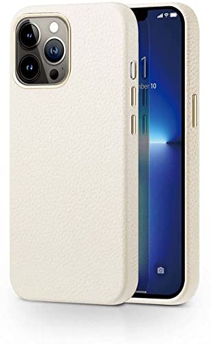Coque cuir iPhone 13 Pro Max premium blanche style lychee avec anneau magnétique