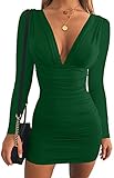 GOBLES Women's Sexy Long Sleeve V Neck Ruched Bodycon Mini Party Cocktail Dress Green