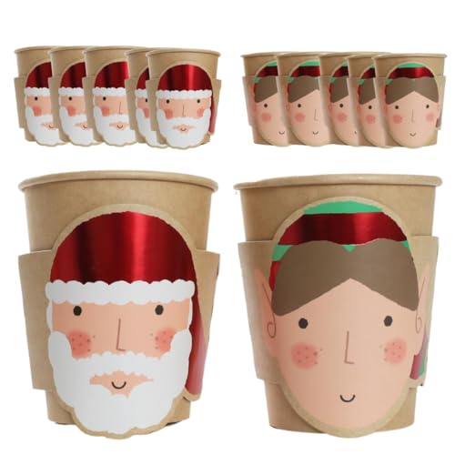 Lot de 10 gobelets en papier assortis avec motifs Père Noël et lutin - Décoration de table de fête de Noël