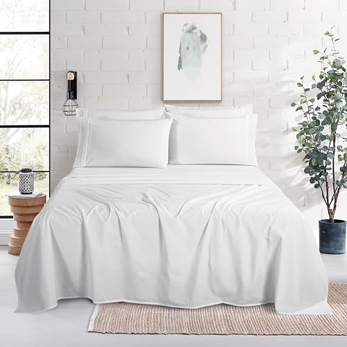 Image of Mocassi Luxury 6-Piece Sheet Set, Ultra Soft 1800 Premium Hotel Quality Microfiber Sheet Set, Fits Mattresses Up to 18 to 24 Inches Extra Deep Pocket - Breathable and Secure Fit, King, White