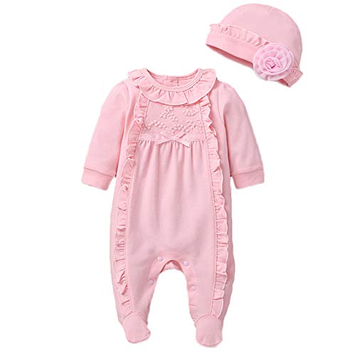 Image of Infant Baby Girl Ruffled Cotton Footies Footed Overall Romper with Hat Toddler Baby Footed Jumpsuit