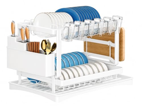 Image of HomeCloud 2-Tier Kitchen Dish Drying Rack & Drainer | Large Capacity Dish Stand with 360 Flexible Drainage System, Removable Drip Tray, Cutlery Holder & Cup Organizer for Countertop (White )