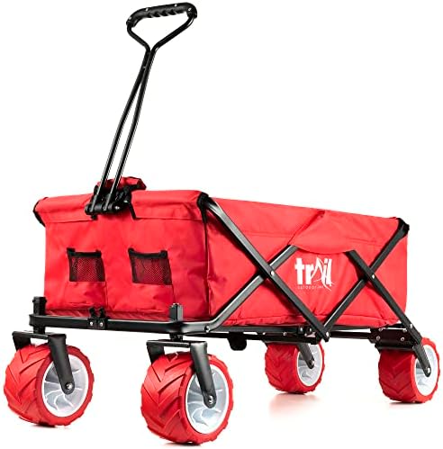 Beach Trolley Cart Folding Camping Festival Wagon With Adjustable Handle, All Terrain Wheels, Drink Pockets, 60KG Capacity (Red)