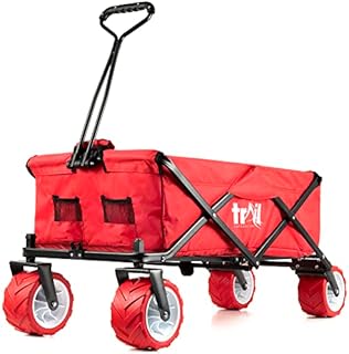 Beach Trolley Cart Folding Camping Festival Wagon With Adjustable Handle, All Terrain Wheels, Drink Pockets, 60KG Capacity (Red)