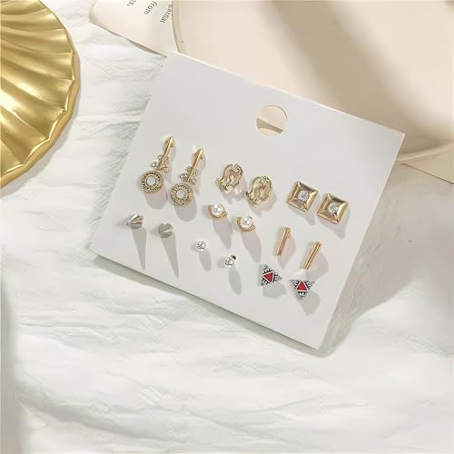 Image of Lishanti 9-Pair Gold Stud Earring Set for Women Assorted Dainty Designs with Arrows, Pearls, Crystals & Shapes - Lightweight Fashion Jewellery