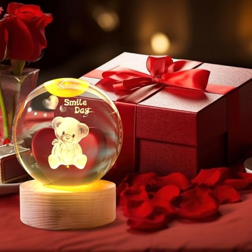 Image of Wishpitara 3D Teddy Crystal Ball LED Night Lamp, Cute Bear Engraved Night Light with Wooden Base, Warm White Lamp for Kids Room, Nursery Gift (Teddy)
