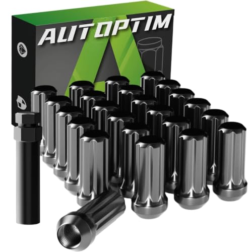 Image of AUTOPTIM M14x2.0 Spline Lug Nut - 24 Pcs Black Closed End Nuts with Socket | Replacement for 2004-2014 Ford F-150, 2003-2014 Expedition, 2003-2014 Lincoln Navigator, 7 Point Conical Seat Lug Nuts