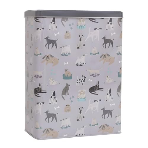 YöL Pet Treat Storage Tin with Lid Grey Dog Print Design Durable Metal Container Biscuits Snacks Training Rewards Compact Kitchen and Pet Feeding Organisation Solution 25 x 18 x 10cm