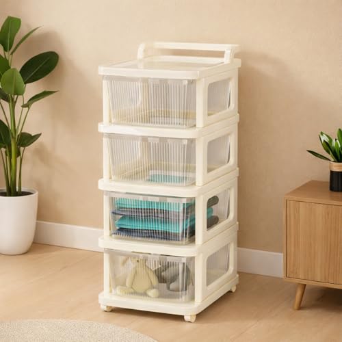 Image of KITCHIVO Heavy Duty Plastic Storage Drawer with Wheels | Modular Cabinet for Bedroom, Office, Home or Classroom| Chest of Drawers Organiser for Cosmetics, Kitchen items, Toys (White, 4)