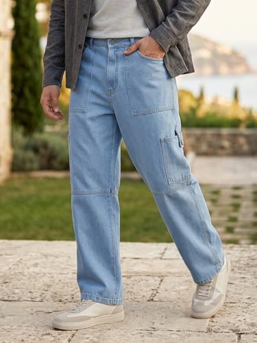 Image of Urbano Fashion Men's Loose Mid Rise Baggy Fit Washed Cargo Jeans with 6 Pockets Non-Stretchable