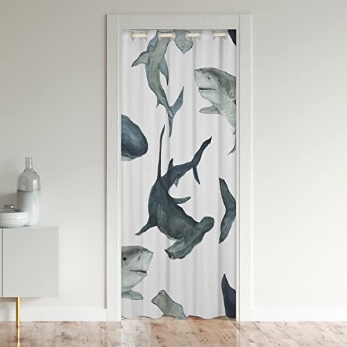 Loussiesd Shark Door Curtain for Doorway Privacy 132x203cm Ocean Sea Animal 30%-50% Room Darkening Blackout Curtain Sea Underwater World Marine Theme Blue Animal Room Divider Curtain Cover