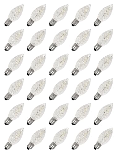 Hobbynors 30-Pack C7 Diamond Faceted LED Replacement Bulbs, Shatterproof Cool White (10000K), High Visibility, 0.6W Energy Saving, E12 Base for Modern Holiday & Outdoor Security Lights