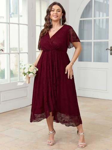 Image of SCOMCHIC Womens Plus Size Wedding Guest Dress Formal Lace Wrap V Neck High Low Short Sleeve Cocktail Maxi Dresses XL-4XL