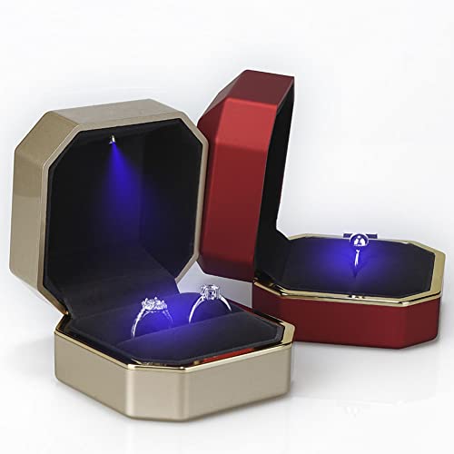 Image of Luxury Ring Box, Square Velvet Wedding Ring Case Jewelry Gift Box with LED Light for Proposal Engagement Wedding, Gold