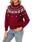 Fair Isle Christmas Sweater for Women Snowflake Knit Sweater Long Sleeve Pullover Red S