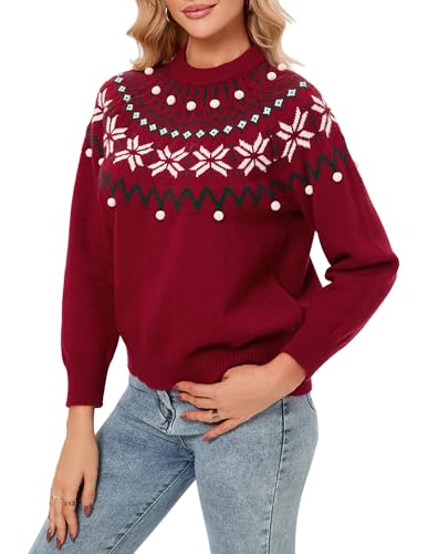 Fair Isle Christmas Sweater for Women Snowflake Knit Sweater Long Sleeve Pullover Red S