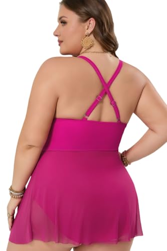 COCOPEAR Plus Size Swimsuit for Women Swim Dress Skirt Tummy Control Swimsuits V Neck Swimwear Adjustable Shoulder Straps Rose Red — view 4