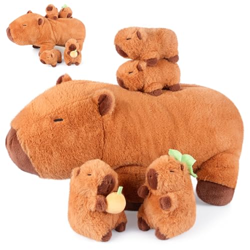 5-in-1 Capybara Stuffed Animals with Babies Inside, 5Pcs Set Capybara Plush with Mommy & 4 Babies, Soft Pillow Plushies Decor, Cute 3 to 8 Year Old Girl Gift, Imaginative Play Toy (Capibara)