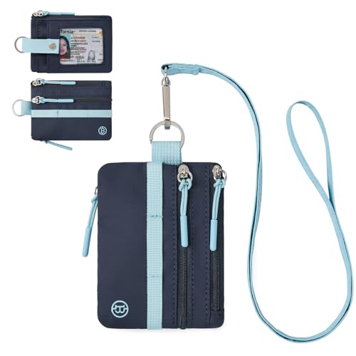 Image of BOSTANTEN Small Wallet RFID, Minimalist Zip ID Case Wallet with Lanyard Keychain, Water Resistant Card Wallets for women & Men, Navy Blue and Sky Blue
