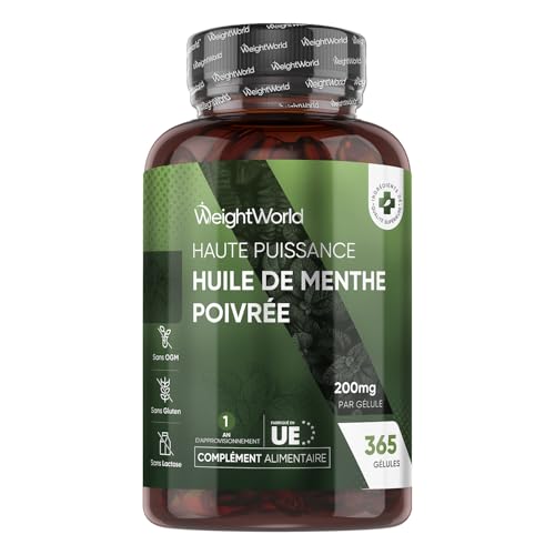 Huile Essentielle Menthe Poivrée 200mg - 365 Gélules pour 1 An d'Approvisionnement Huile Menthe Poivrée Essentielle sans Gluten, sans Lactose, et sans OGM, Alternative aux Huiles Ordinaires