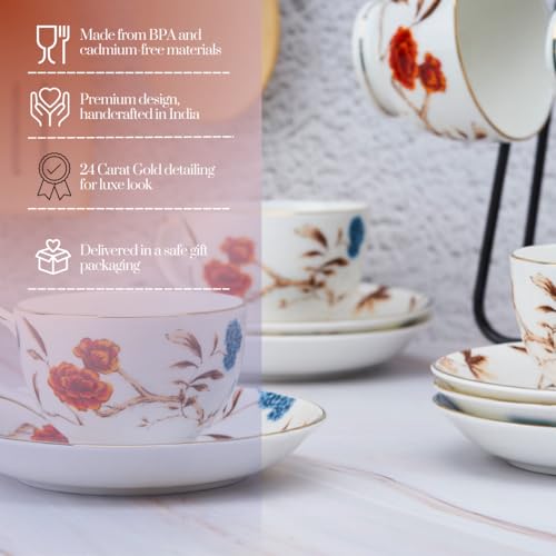 Image of GOLDEN QUEEN'S Cup & Saucer Set | Perfect for Hosting & for Tea /Coffee Lovers | Handcrafted in India, Inspired by Florals & 24K Gold Rim | 6 Cups & 6 Saucers |170 ml - Birdsong & Blooming Blossoms