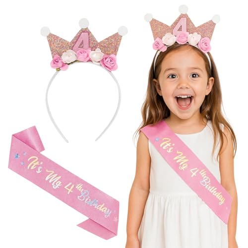 KRYMXAR Corona di compleanno per bambine 4 anni, set da 2 con nastro glitterato, decorazione di compleanno per ragazze, accessori per feste di compleanno