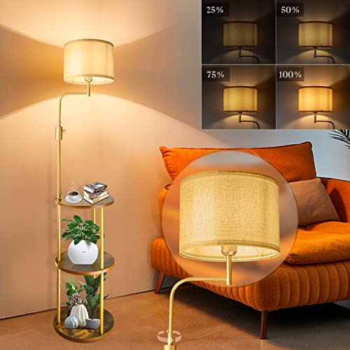 Dimmable Floor Lamp With Shelves,3-Tier Round Shelf Floor Lamps With Adjustable Direction,0%-100% Stepless Dimming, Storage Wood Texture,Linen Shade,Display Standing Lamp For Living Room, Bedroom #TOP23