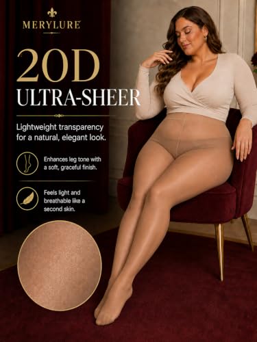 Image of MERYLURE Plus Size Sheer Tights for Women,20D Control Top Pantyhose Reinforced Toes High Waist Stockings 3 Pairs 1XL-6XL