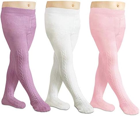CozyWay Baby Tights for Girls - Cable Knit Cotton Leggings, Stockings, Pink/White/Purple, 3 Pack, 0-6 Months