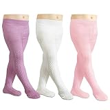CozyWay Baby Tights for Girls - Cable Knit Cotton Leggings, Stockings, Pink/White/Purple, 3 Pack, 0-