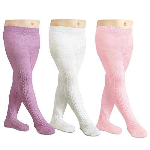 Cozyway Baby Tights For Girls - Cable Knit Cotton Leggings, Stockings, Pink/White/Purple, 3 Pack, 0-6 Months #TOP16