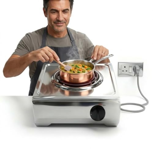 Image of Drumstone LIMITED 1 Year Warranty 2000W Jumbo Stainless Steel Electric Hot Plate - Portable Single Burner Coil Stove with Adjustable Temperature Control for Home, Kitchen & Office Use