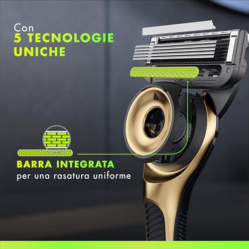 Gillette Labs con Barra Integrata, Rasoio da Uomo, 1 Manico, 5 Lamette di Ricambio, con Base Magnetica, Edizione dei Campioni, Oro, Rasoio Barba, Gillette Labs Lamette di Ricambio - Immagine 2