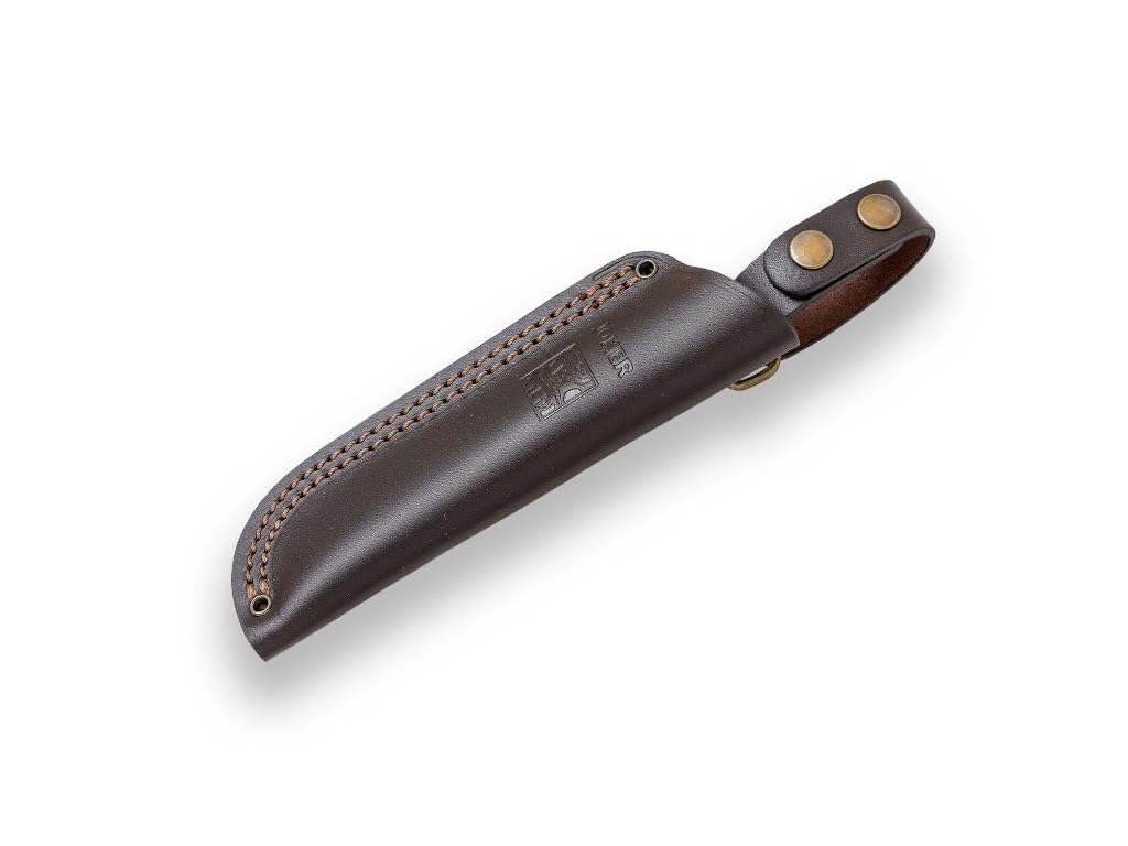 joker Coltello da caccia Nessmuk CN136, manico in noce, lama Sandvik 14C28N da 11 cm con affilatura piatta, con fodero in pelle marrone, di pesca, caccia, campeggio e trekking.