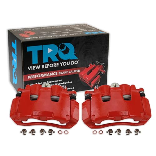 Image of TRQ Front Brake Caliper Set Painted Red Brackets Compatible with 2007-2009 Chrysler Aspen 2007-2009 Dodge Durango 2009-2010 Dodge Dakota Ram 1500 2011-2018 Ram 1500 2011 Ram Dakota