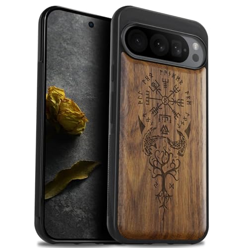 Coque antichoc compatible Pixel 9 Pro XL en bois de noyer et TPU souple