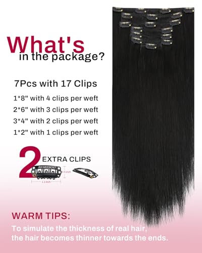Image of Moresoo Black Clip in Hair Extensions Real Human Hair Clip in Extensions Straight Off Black Real Human Hair Extensions Clip ins 16 inch Long for Women Heat-Stylable 120g /7pcs Soft