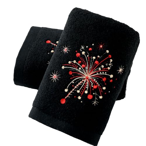 sense gnosis Black Hand Towel Set of 2 Fireworks Embroidered 13 X 29 Inch