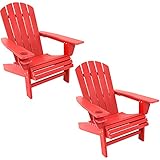 Sunnydaze All-Weather Outdoor Adirondack Chair with Drink Holder - Heavy Duty HDPE Weatherproof Patio Chair - Ideal for Lawn, Garden or Around The Firepit - Red- Set of 2