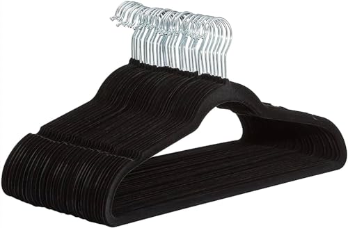 AEROLUGG Black Velvet Hangers 50 Pack-Non-Slip Clothes Coat hangers with Tie Bar and 360 Degree Hook for Home Storage Durable, Space Saver hanger for Wardrobe Organisers for Suits, Jackets - Black