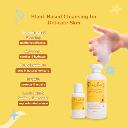 Image of Pinwheel Gentle Body Wash for Kids (4-12 Years) | 300ml | Mild & Moisturizing | ph 5.5 | Sulfate & Paraben Free | Aloe Vera, Lactic Acid & Pro-Vitamin B5 | Dermatologically Tested